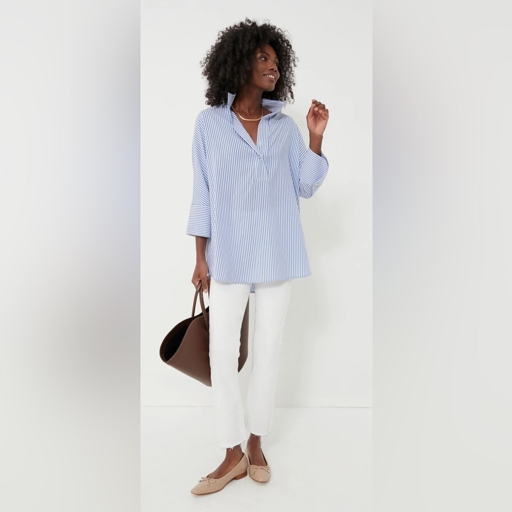 Tuckernuck Blue Stripe Willow Blouse. V-neck. Stand up collar. Classic. XS - Picture 5 of 8